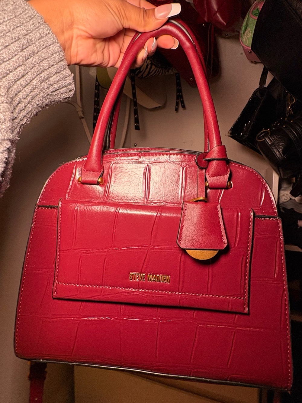 Steve Madden Red Croc-Embossed Structured Satchel